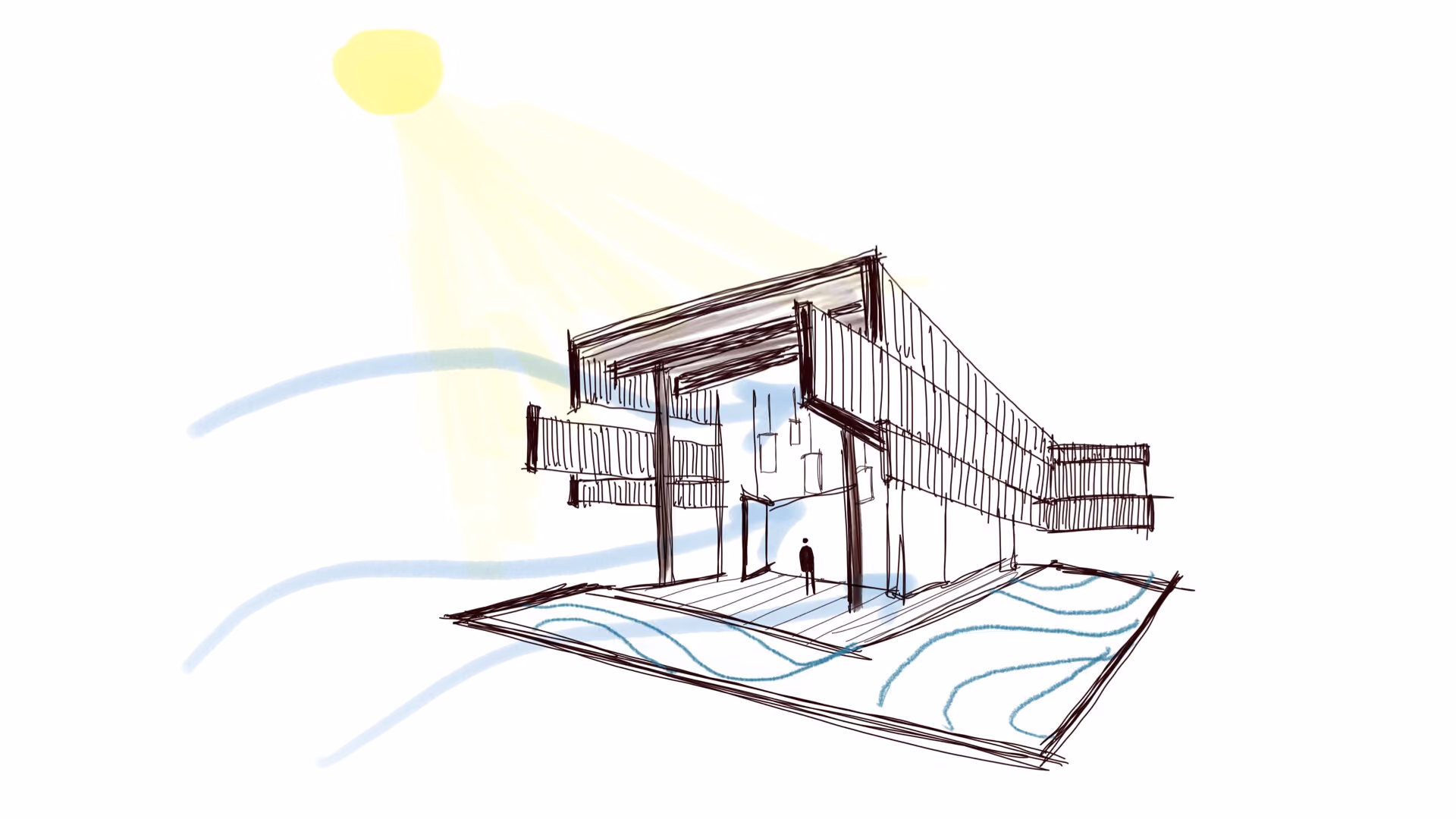 Architectural diagram showing prevailing air movement through the residence — arrows entering large openings on one façade and exiting on the opposite side.