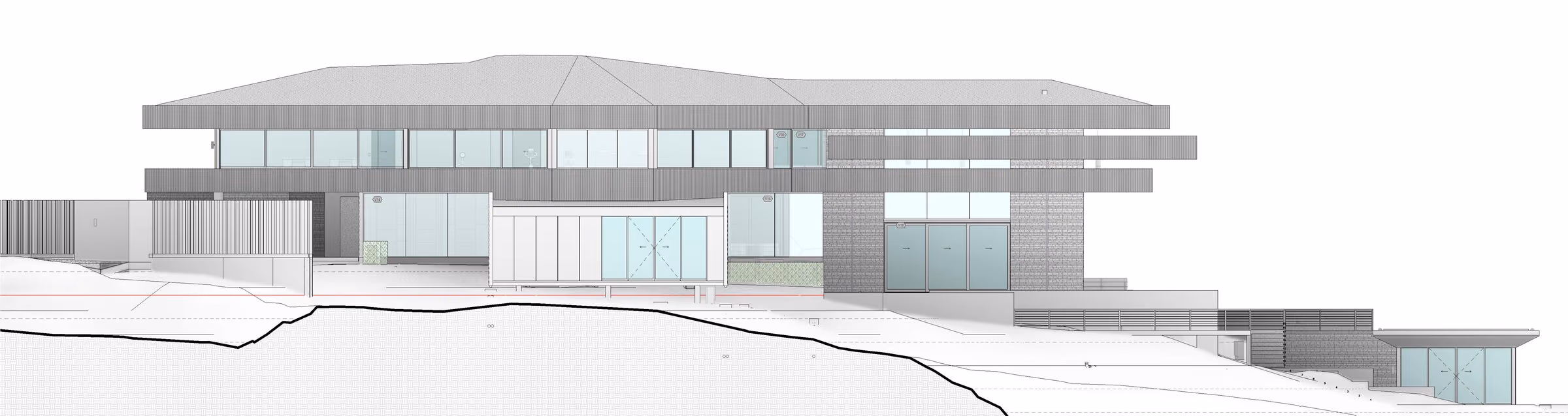 Front elevation drawing of the residence showing the long horizontal roof planes and the glazed principal level.