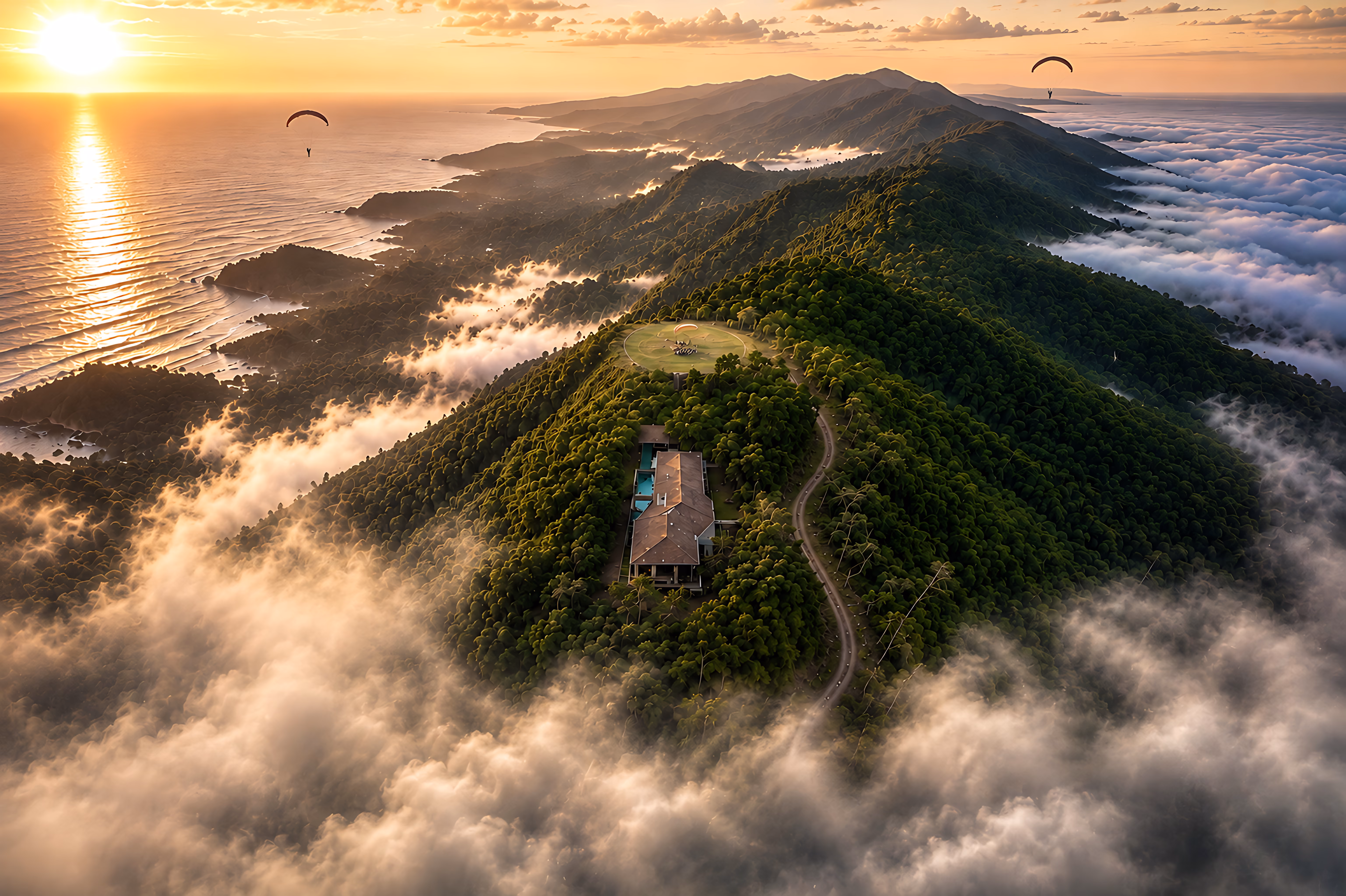 Aerial view over the Escaleras ridge at sunset: the residence and its pool in a clearing of vivid rainforest canopy, cloud banks rolling up the hillsides, surf tracing the coastline and paragliders over the Pacific.