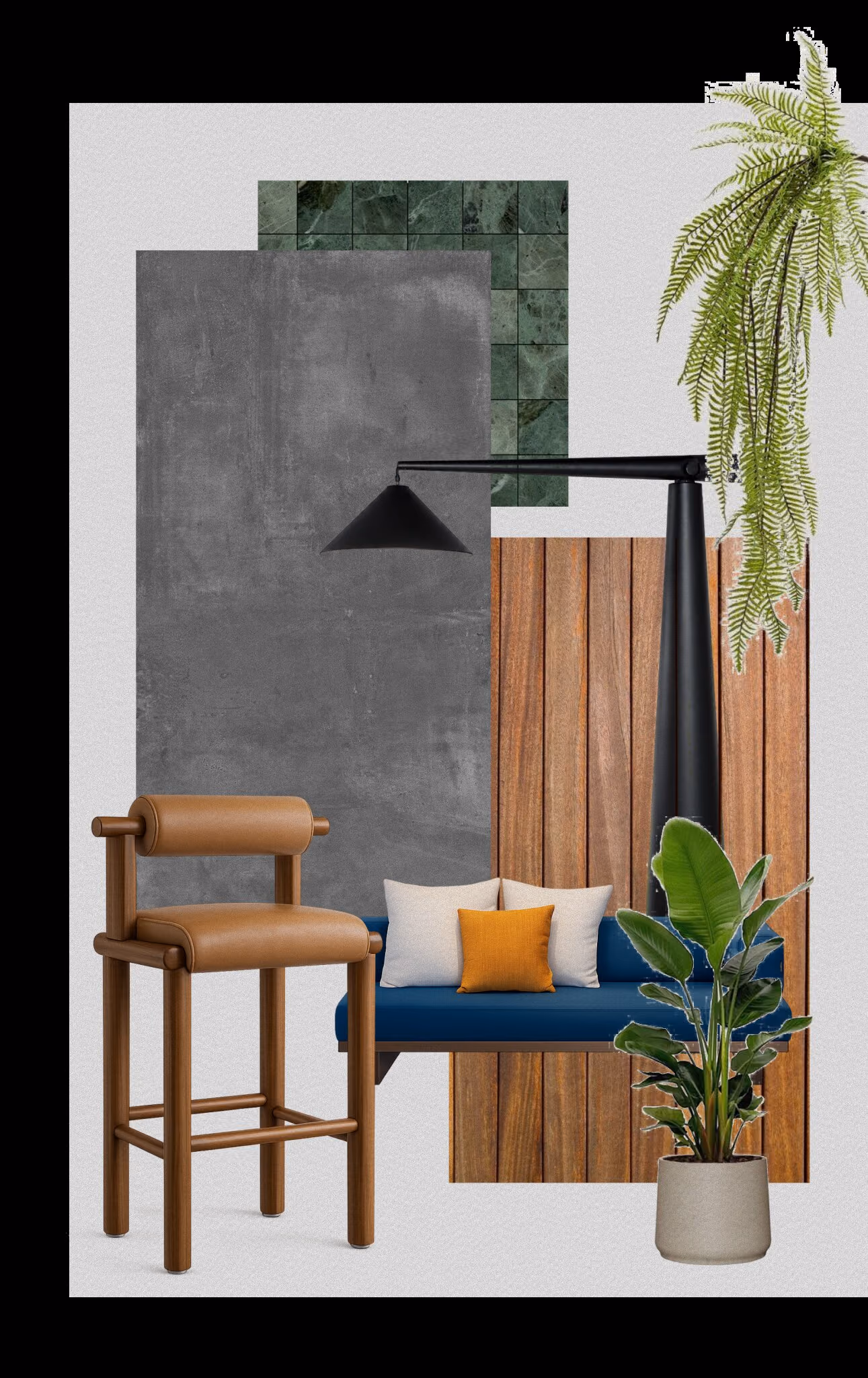 Material moodboard: samples of dark concrete, warm timber, dark metal, stone and blue-green oxidised finishes with furniture references.