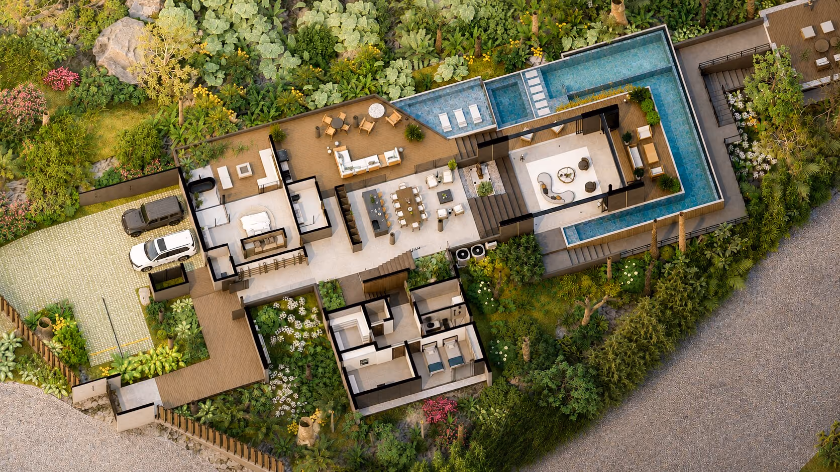 Isometric cutaway of the residence showing the principal level's arrangement in three dimensions.