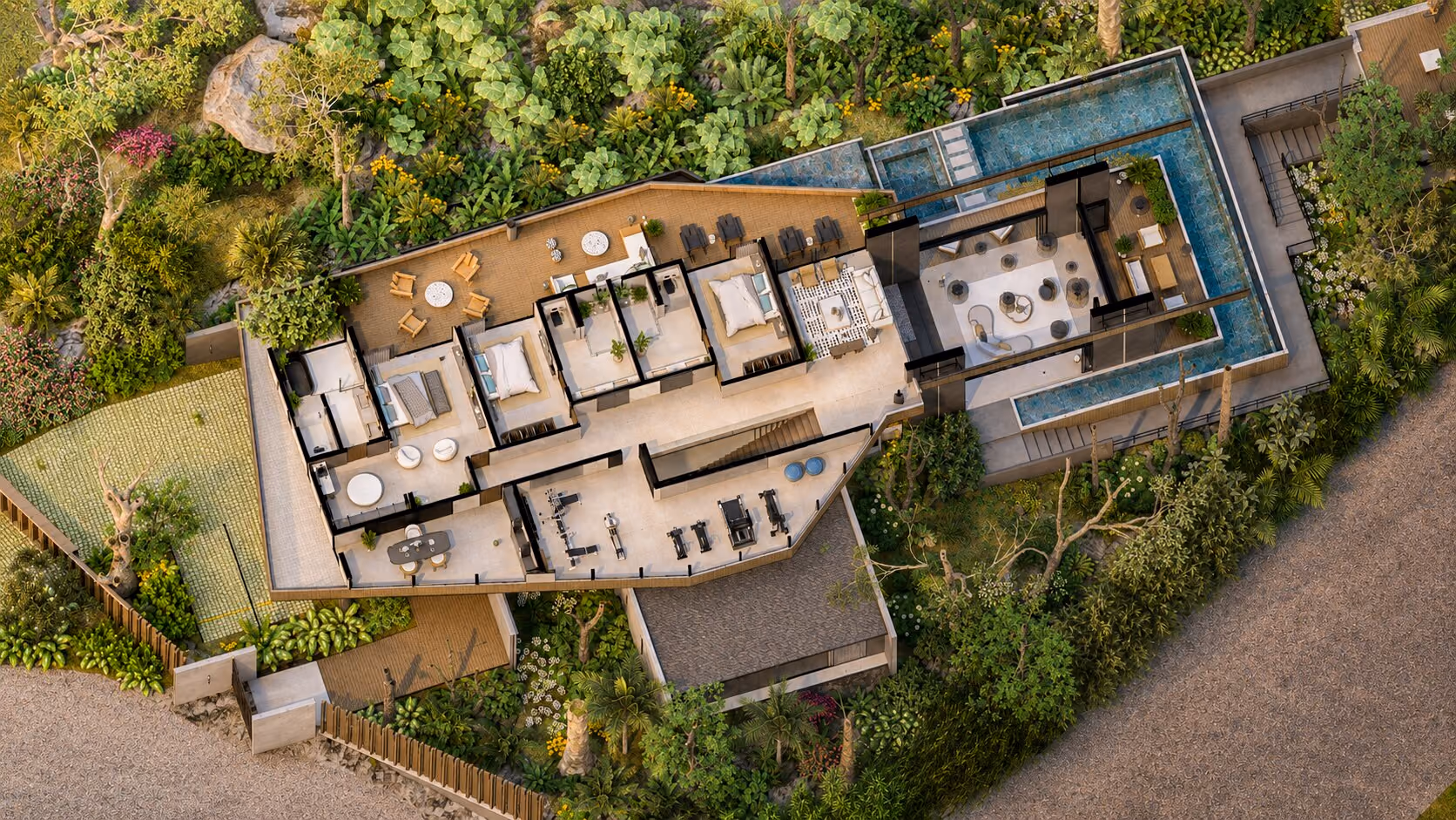 Isometric cutaway showing the upper level bedrooms and terrace above the social spaces.