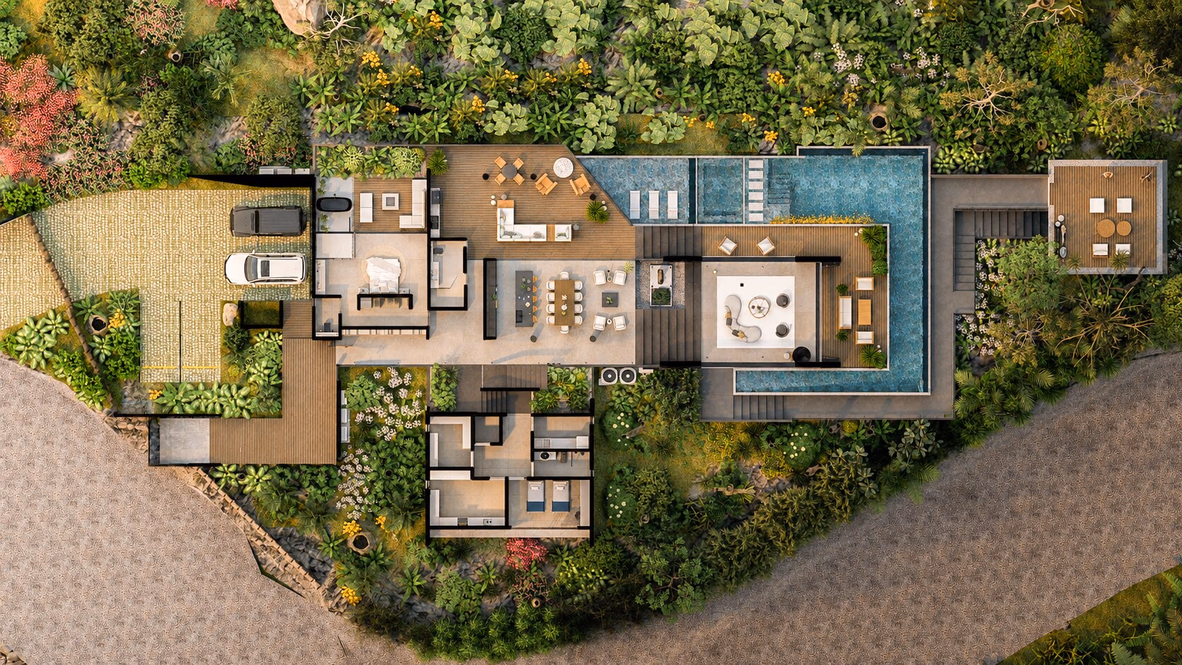 Rendered plan of the principal level: arrival court and parking to the west, a bedroom suite, the open living, dining and kitchen sequence at the centre, the pool and terraces to the east, and a detached pavilion at the far end.