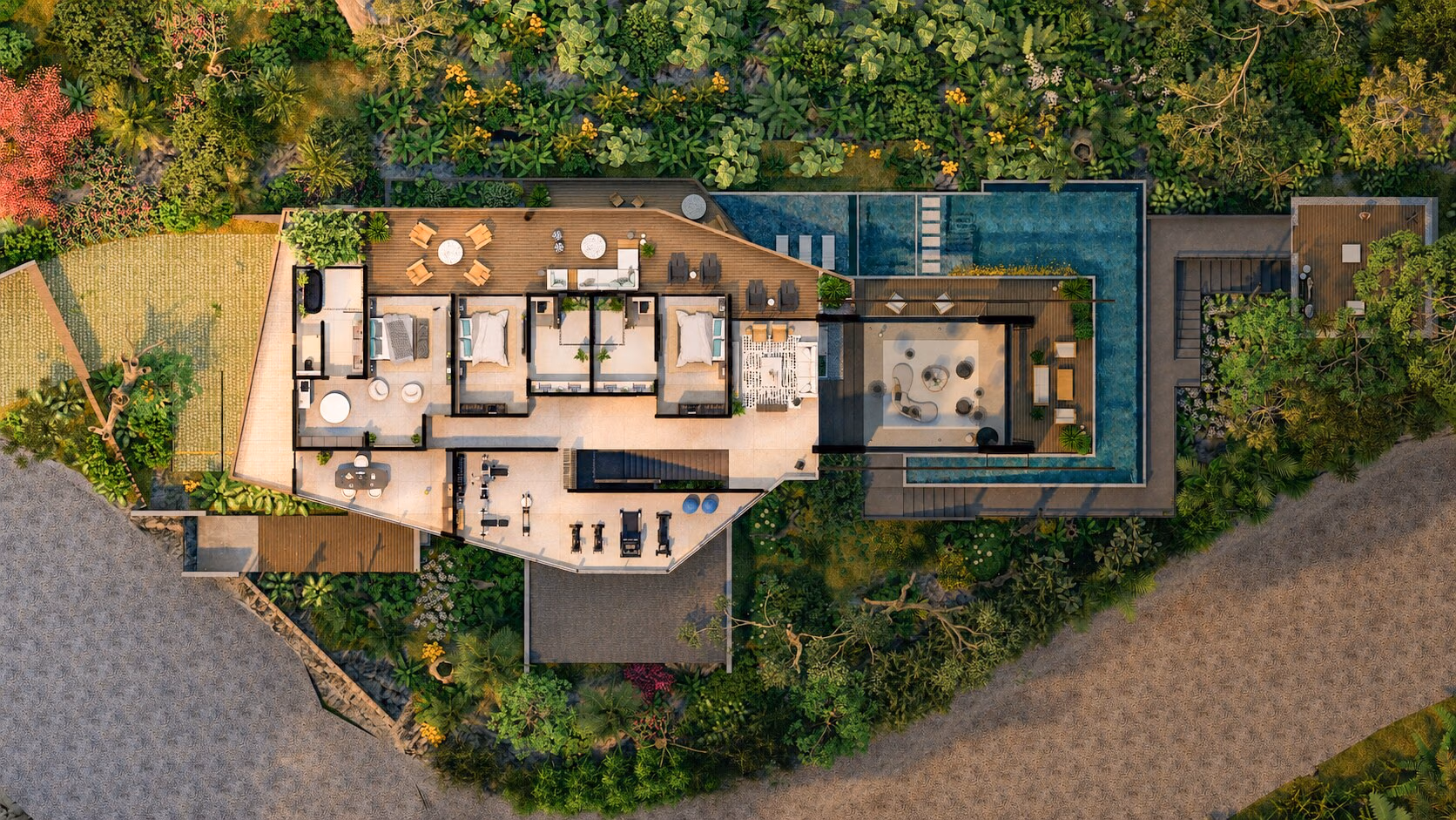 Rendered plan of the upper level: a row of four bedrooms with ensuite bathrooms along a continuous ocean-facing terrace, a principal suite at the west end, and a gym and fire-pit terrace to the south.