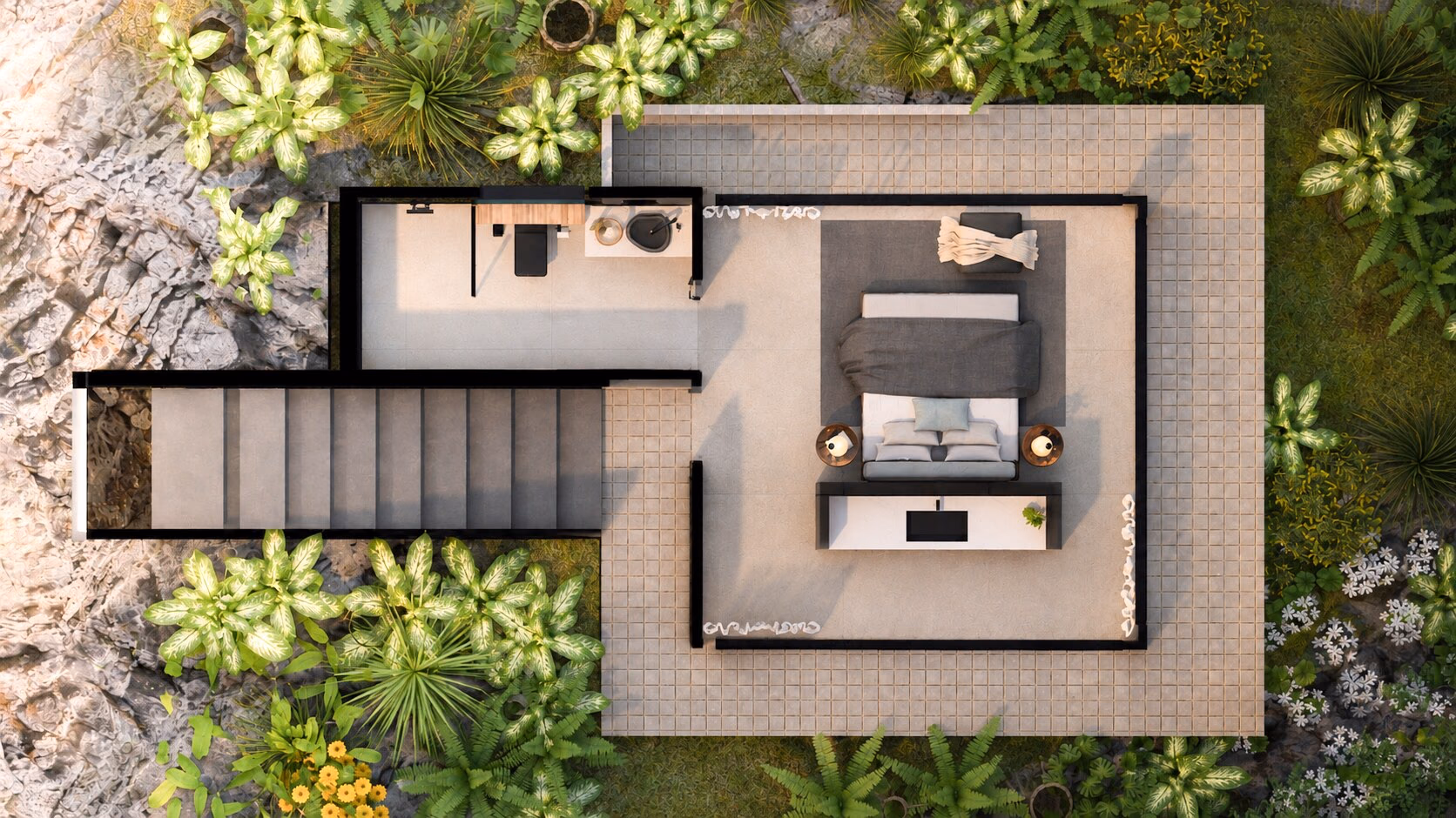 Rendered plan of the lower level showing the independent guest apartment beneath the yoga terrace, with its own entrance and outlook.