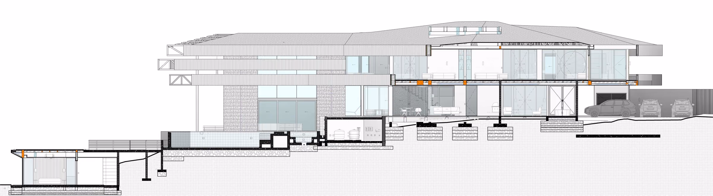 Architectural section through the residence showing the stepped floor levels following the natural gradient of the hillside, the triple-height living volume and the pool at the outer edge.