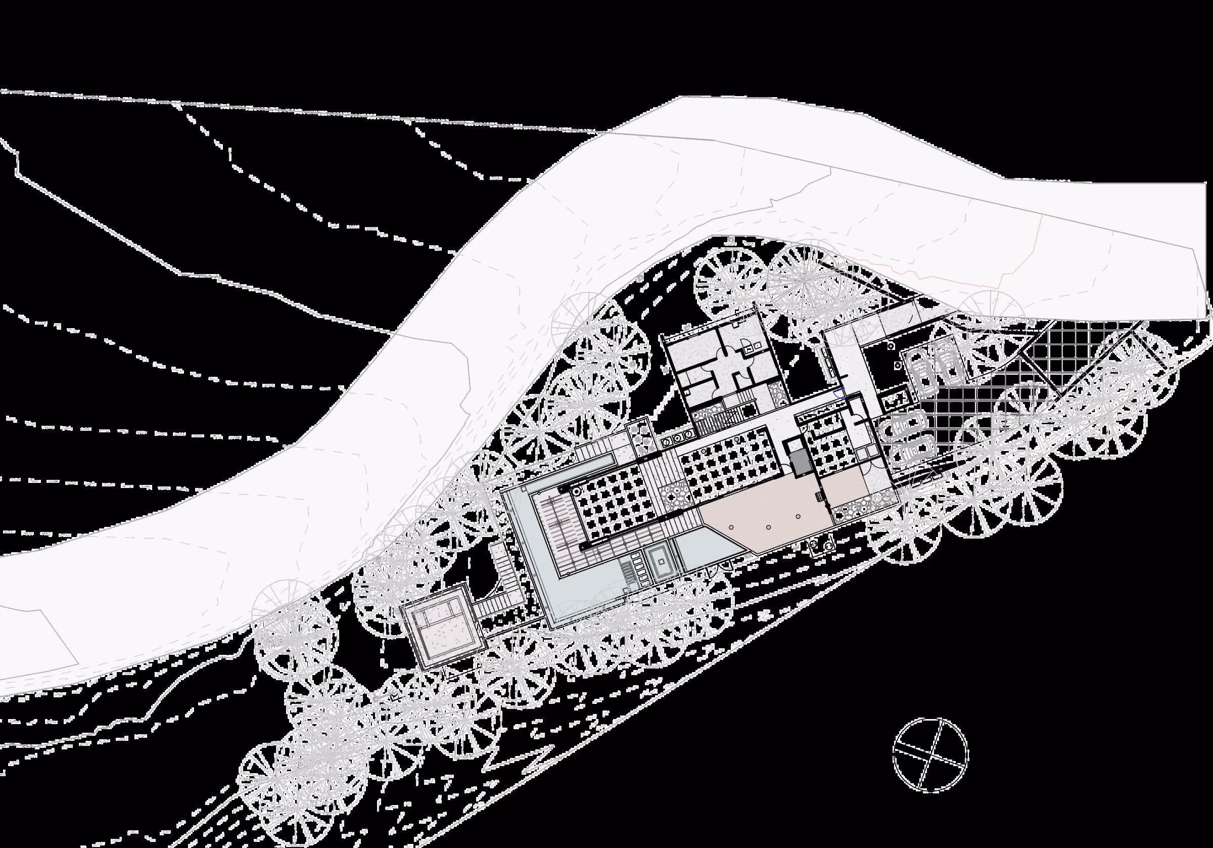 Site plan drawing showing the residence, driveway, parking court, pool and yoga pavilion set within the tree canopy and contours of the sloping lot.